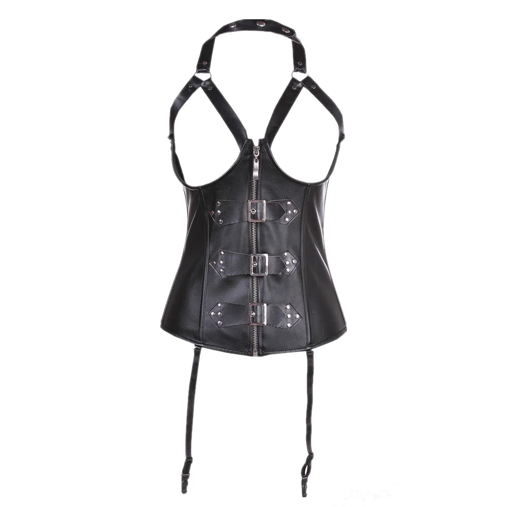 Gothic Halter Underbust Steampunk Black Faux Leather Corset for Women