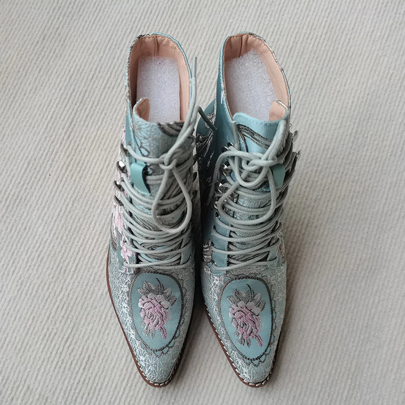 Blue Embroidered Flower Chinese Style Ankle Boots For Women
