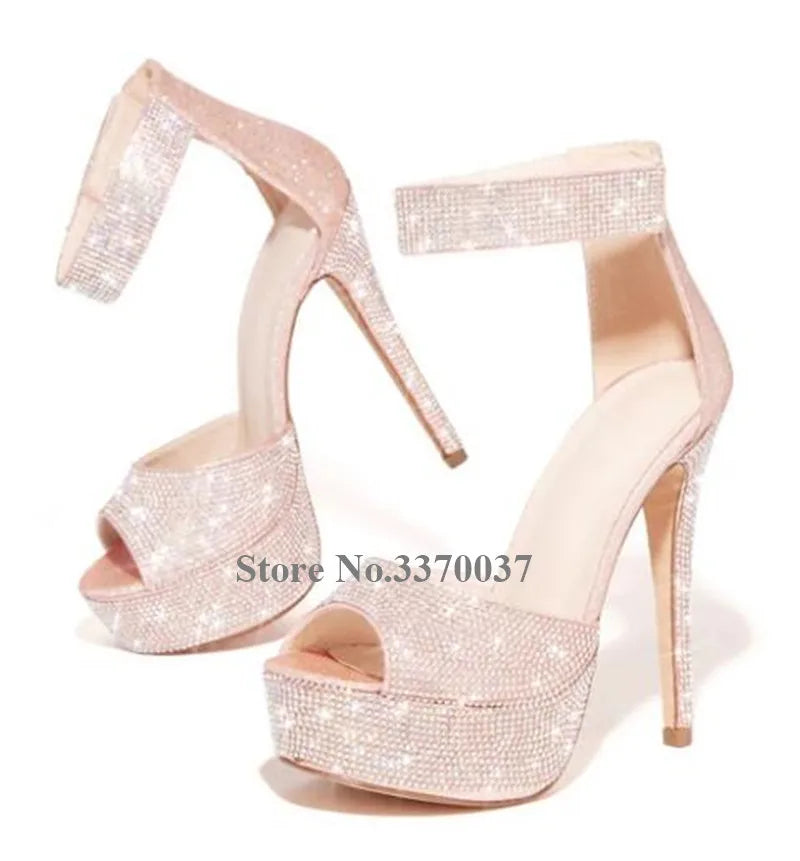 Crystal Rhinestone Peep Toe Platform Stiletto Pumps For Women