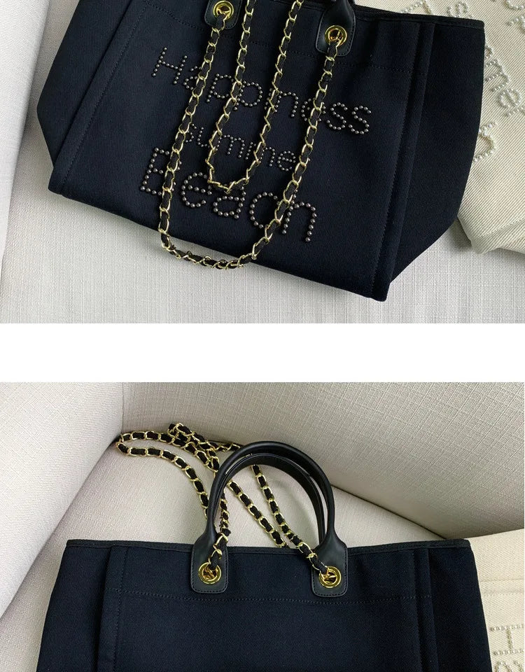 New Women Tote Bag Fashion Canvas Large Handbag Chains Genuine Leather Shoulder Bags Ladies Big Messenger Bag Shopping Bag