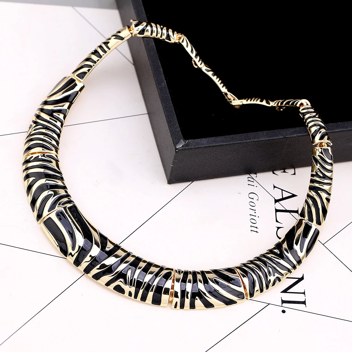 Gold Plated Zebra Stripe Enamel Collar Necklace for Women