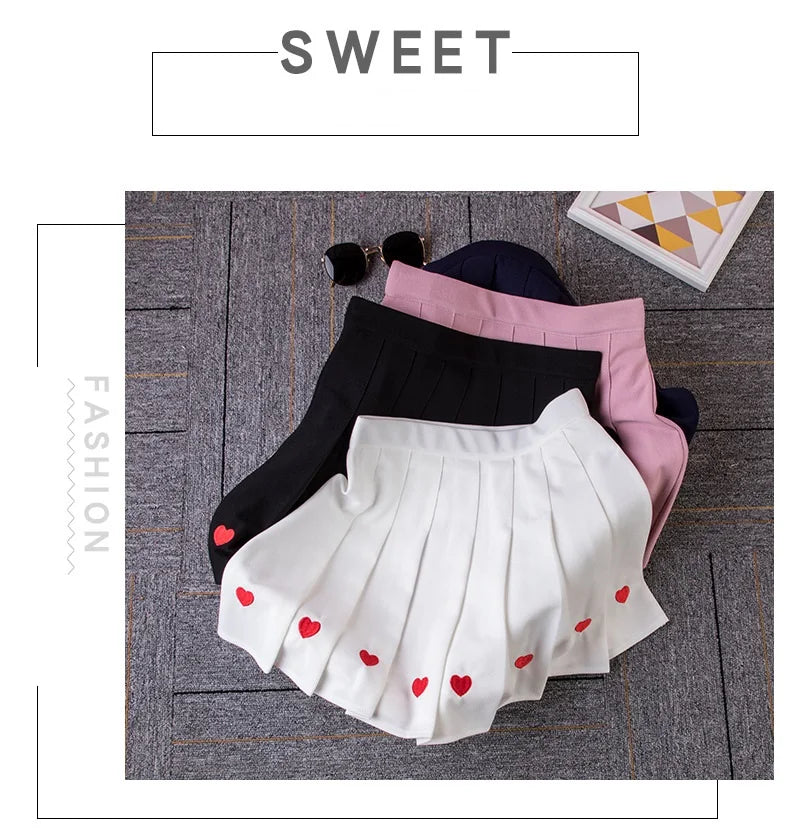 Black Heart Embroidery Pleated Mini Skirt Women Summer Girl High School Student Skirt Sweet High Waist Skirt Aline Saia Feminina