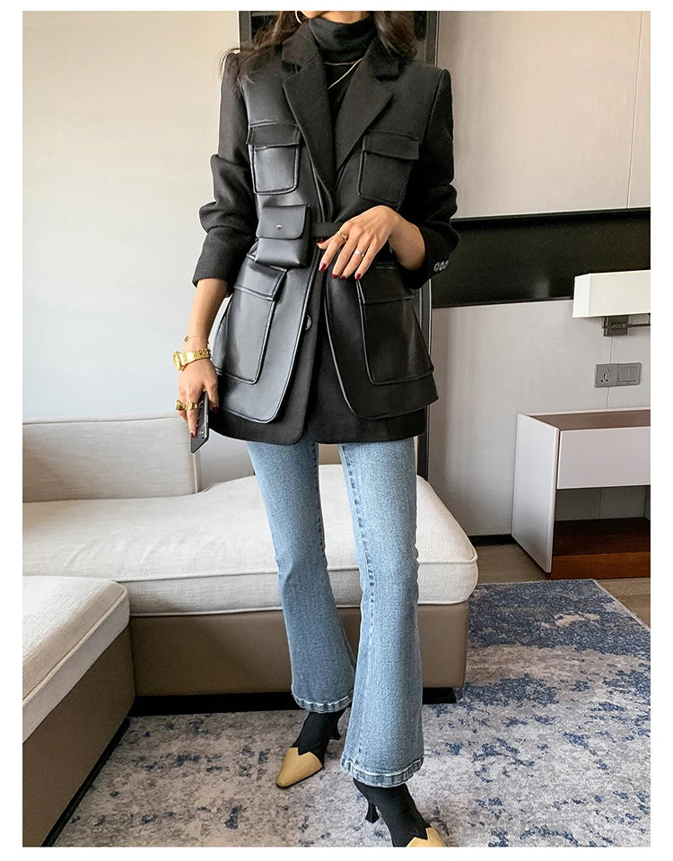 Black Patchwork Faux Leather Jacket With Pockets For Women
