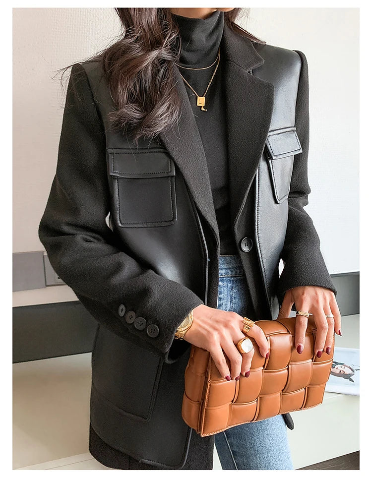 Black Patchwork Faux Leather Jacket With Pockets For Women