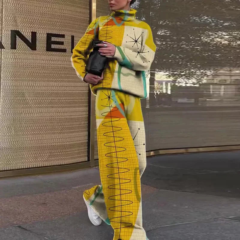 Women Casual Loose Printing Elastic Waist Suits Turtleneck Wide Leg Pants Ladies Outfit Patchwork Sportswear Loungewear Set