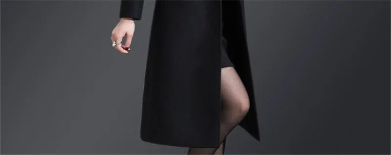 High Quality Big Fur Collar Woolen Coat Women Belt Knee-Length Double Breasted Mid-Long Woolen Jacket For Autumn Winter Outcoat