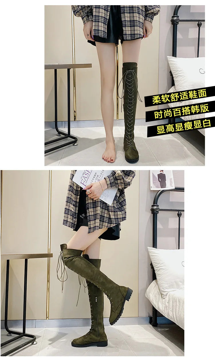 Lace Up Low Heel Winter Over The Knee Boots for Women