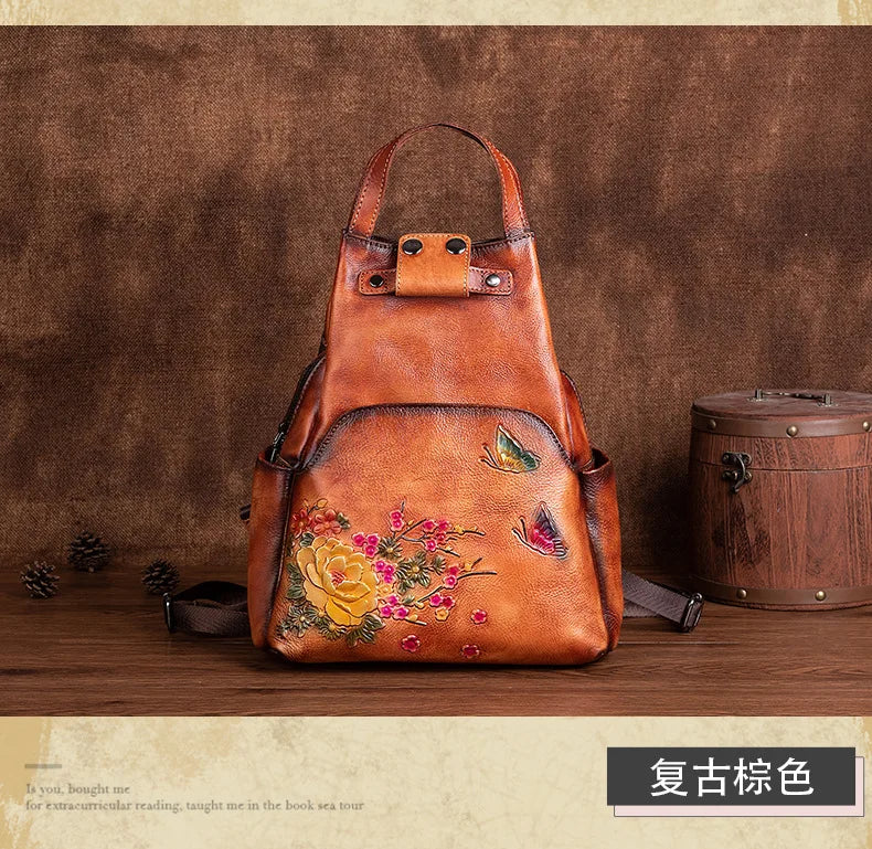 Genuine Leather Embossed Vintage Shoulder Bag for Women