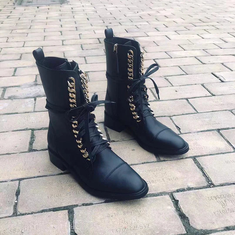 Black Leather Flat Ankle Motorcycle Boots With Pointed Toe for Women