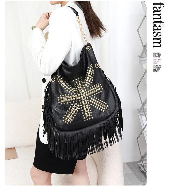 Rivet Tassel Large Capacity Crossbody Shoulder Bag for Women