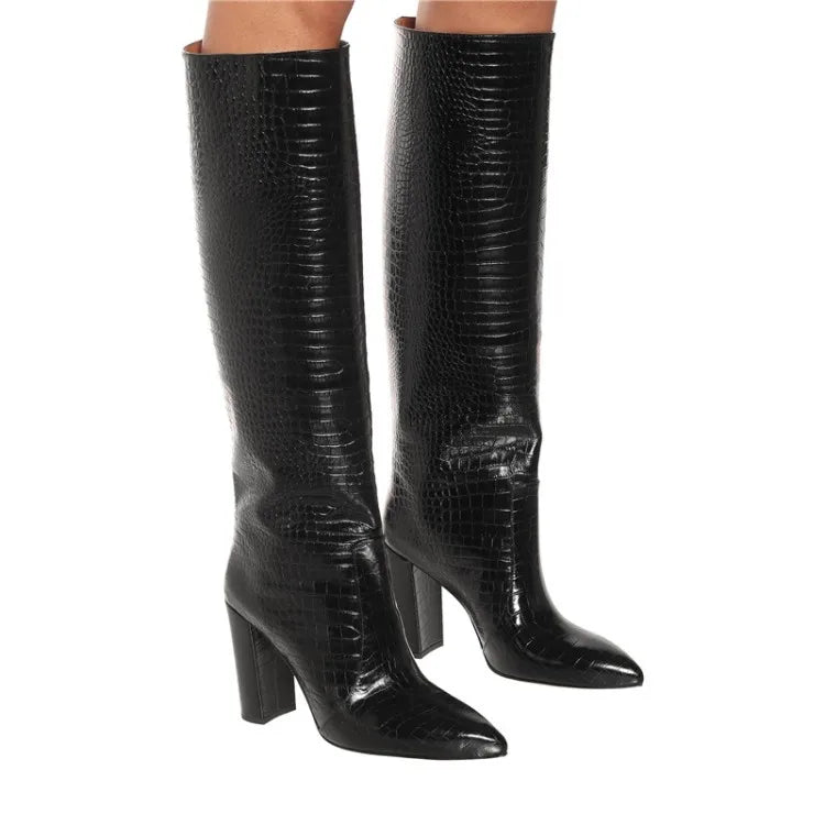 Pointed Toe Slip On Leather Knee High Boots for Women