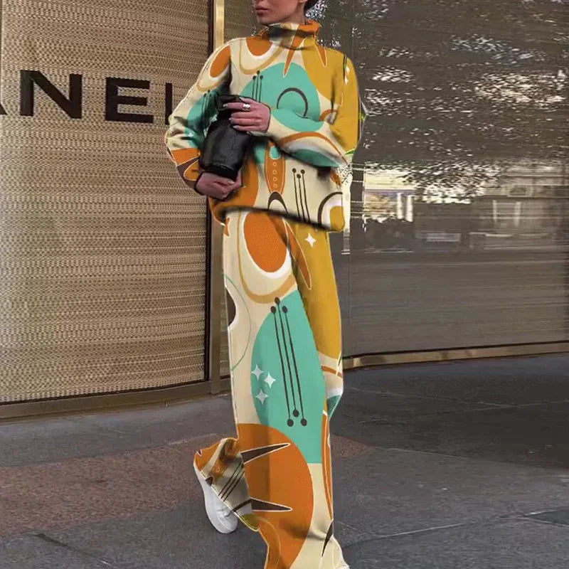 Women Casual Loose Printing Elastic Waist Suits Turtleneck Wide Leg Pants Ladies Outfit Patchwork Sportswear Loungewear Set