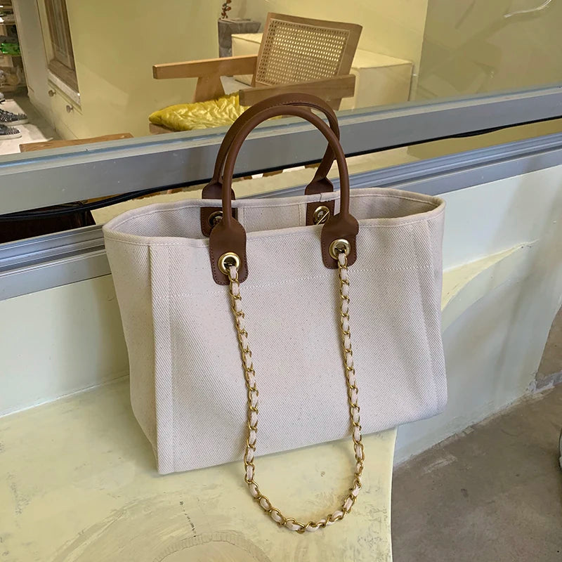 New Women Tote Bag Fashion Canvas Large Handbag Chains Genuine Leather Shoulder Bags Ladies Big Messenger Bag Shopping Bag
