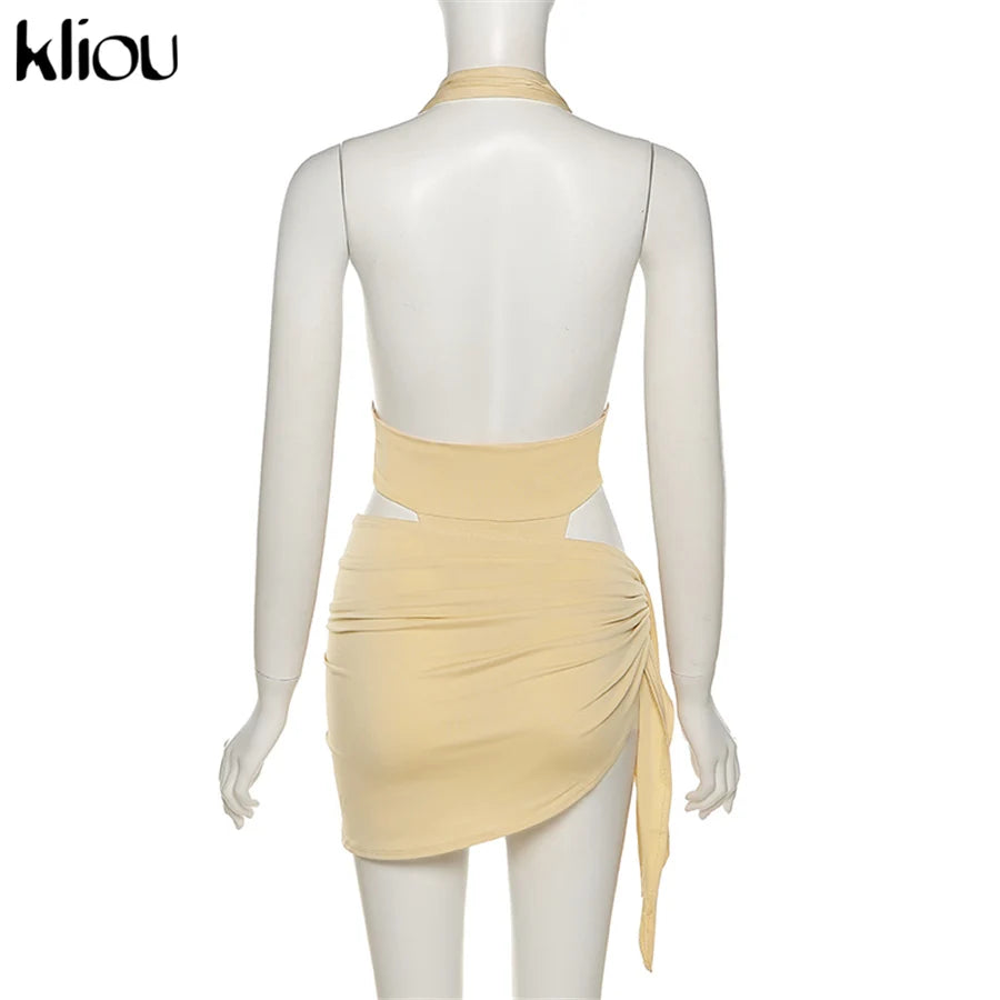 Deep V Neck Backless Halter Two Piece Skirt Set for Women