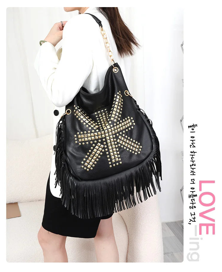 Rivet Tassel Large Capacity Crossbody Shoulder Bag for Women