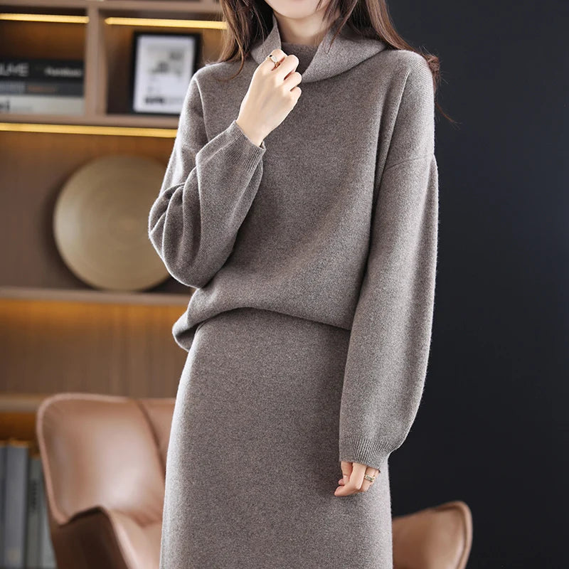 Wool Cashmere Knit Sweater and Skirt Two Piece Set for Women