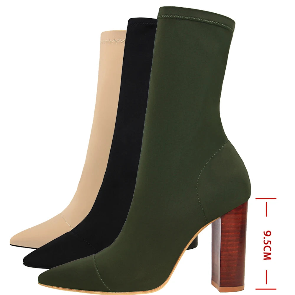 Pointed Toe Elastic High Heel Ankle Boots for Women