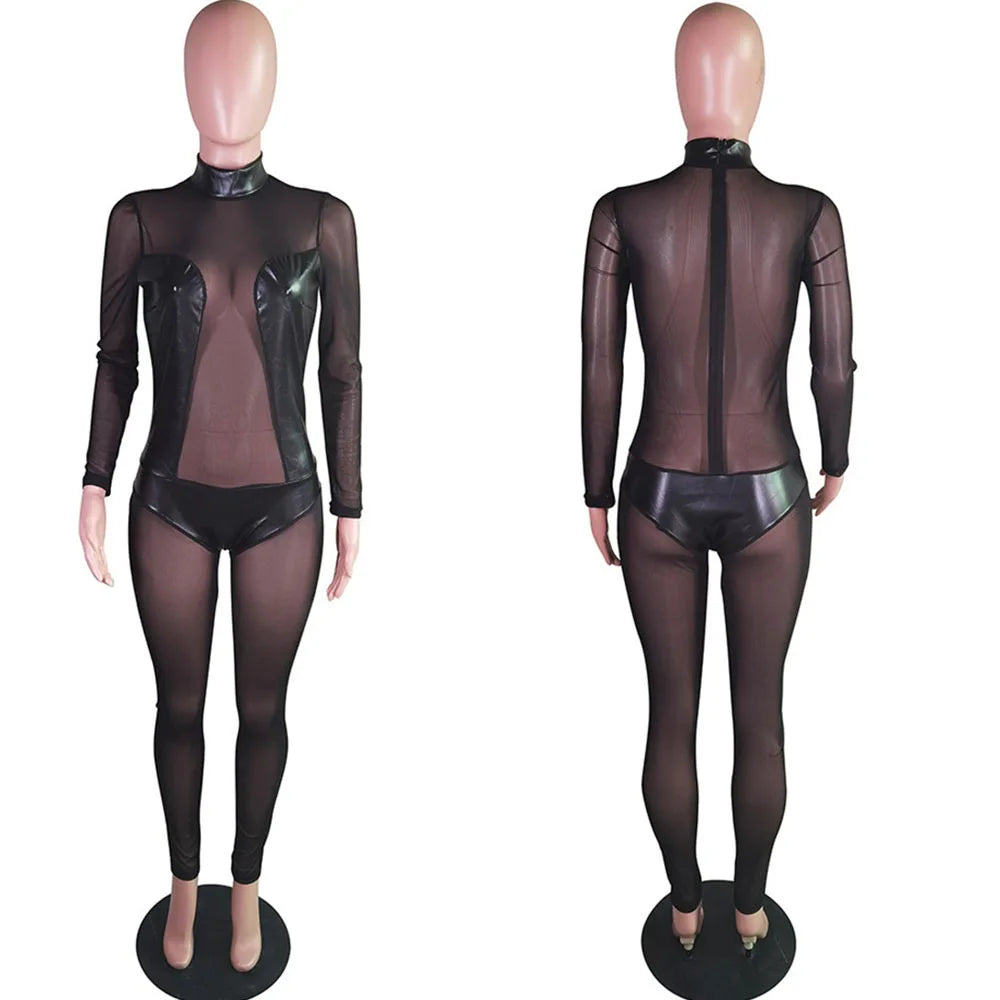 PU Leather Patchwork Mesh Jumpsuit for Women Bodycon Romper Long Sleeve See-through Night Out Club Party Jumpsuit Body Overalls