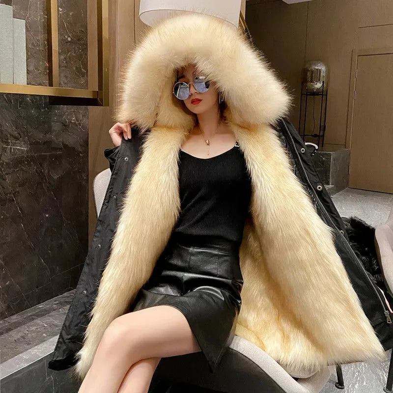 Winter Thick Warm Parkas Women Mink Detachable Inner Fur One Coat Long FauxFur Mink Cotton Jackets Female Hooded Chaquetas Mujer