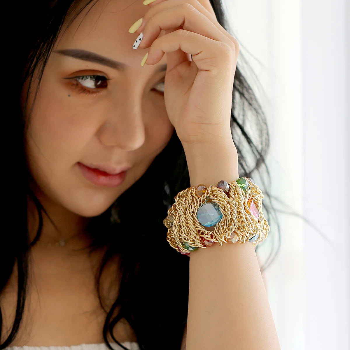 Beaded Crystal Statement Elastic Bracelet for Women