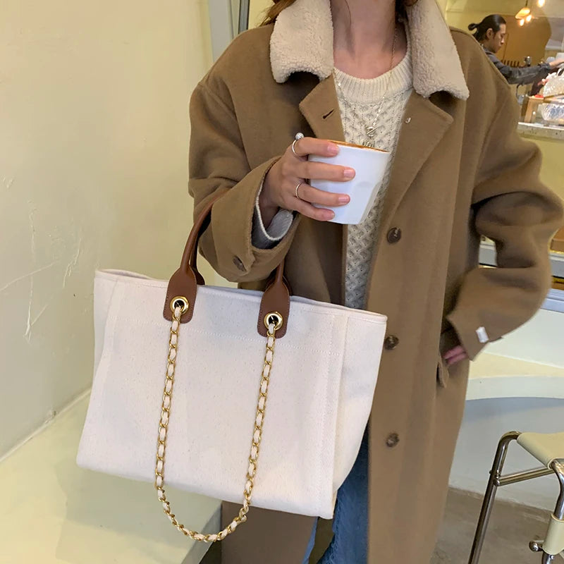 New Women Tote Bag Fashion Canvas Large Handbag Chains Genuine Leather Shoulder Bags Ladies Big Messenger Bag Shopping Bag