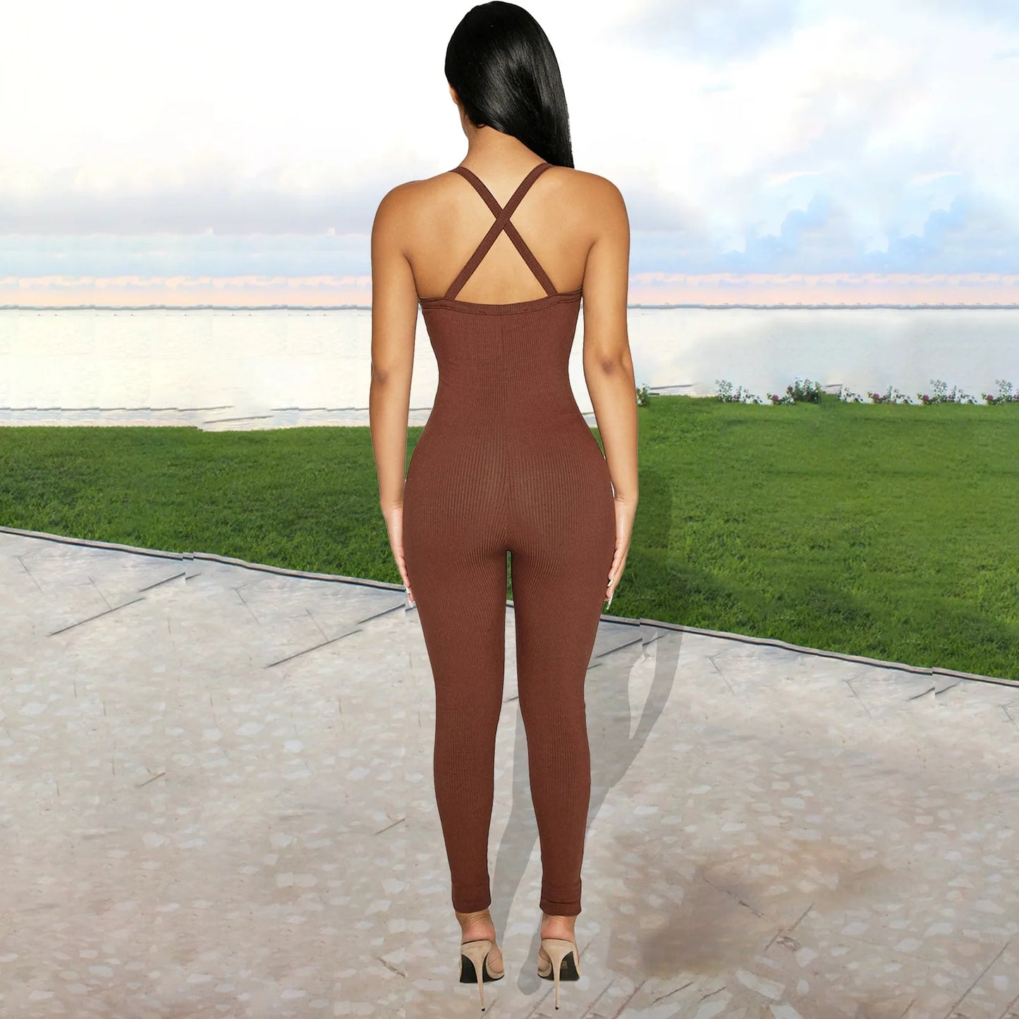 Sleeveless V Neck Criss Cross Back Jumpsuit For Women
