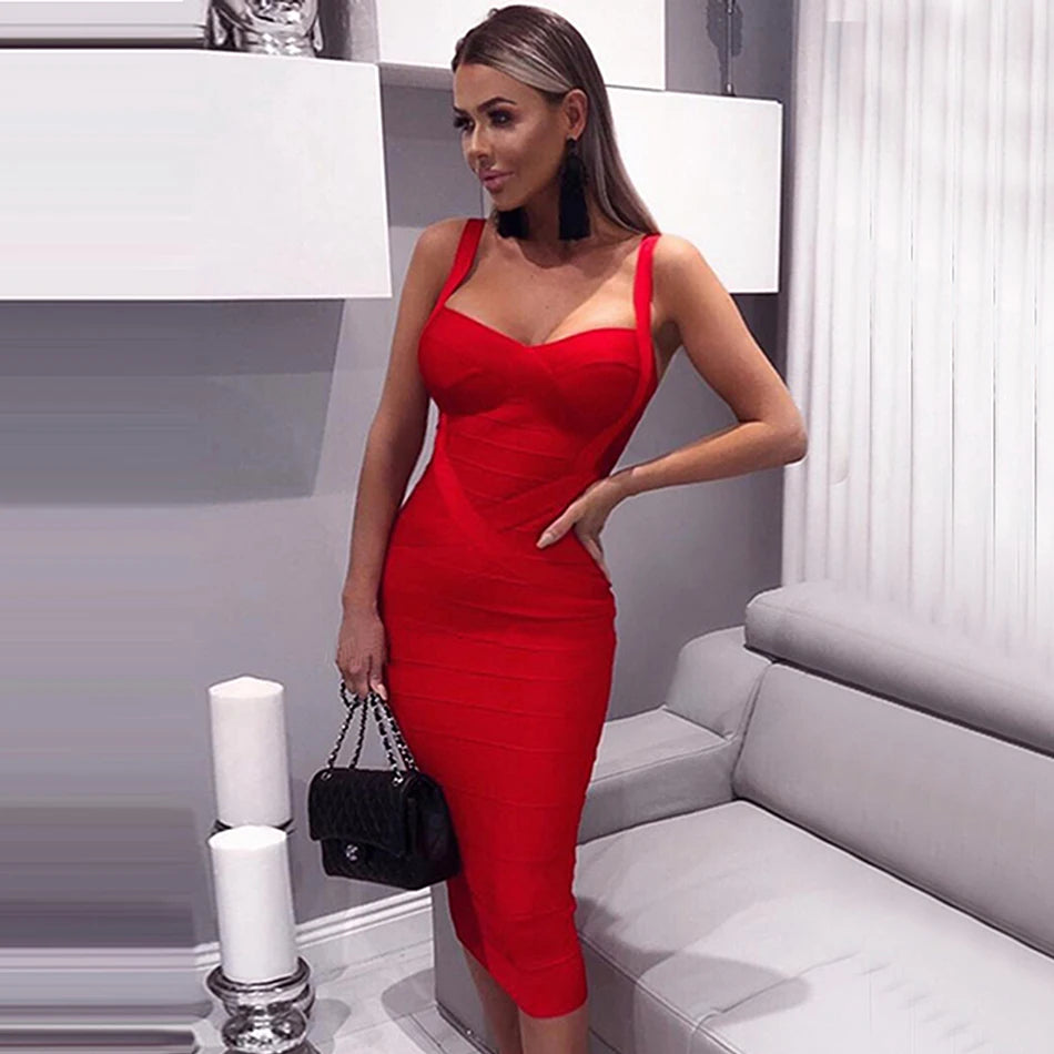 New 2024 Women Sexy Celebrity Midi Red White HL Elastic Bandage Dress Spaghetti Strap Club Bodycon Party Dress Wholesale HL434