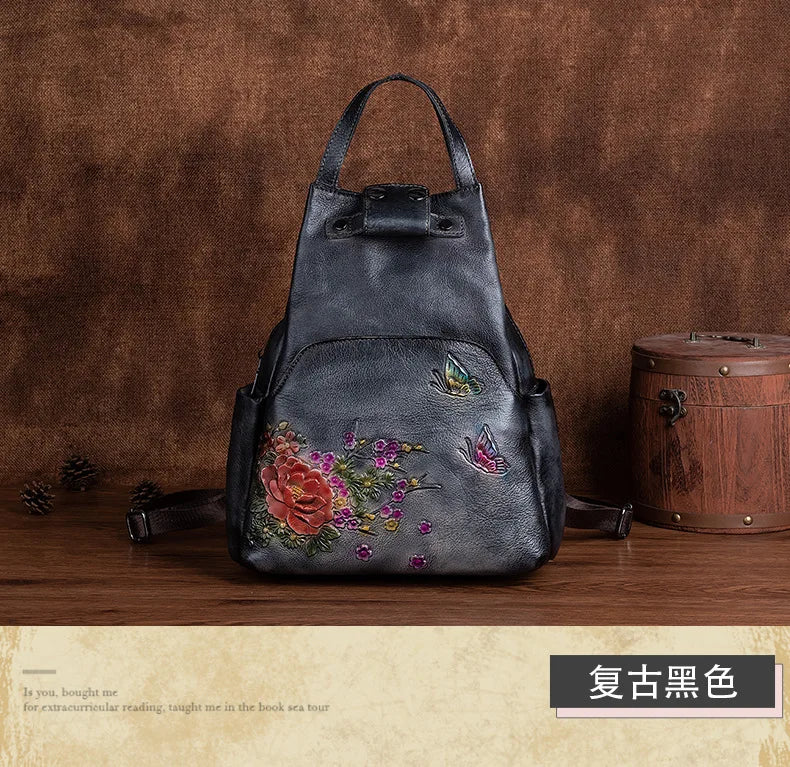 Genuine Leather Embossed Vintage Shoulder Bag for Women