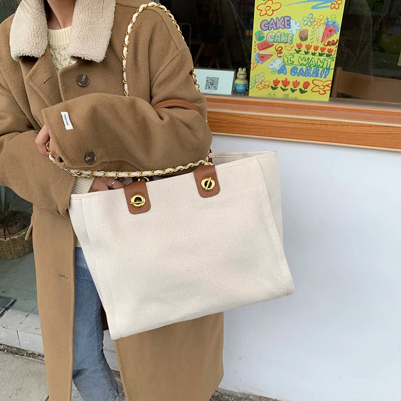 New Women Tote Bag Fashion Canvas Large Handbag Chains Genuine Leather Shoulder Bags Ladies Big Messenger Bag Shopping Bag