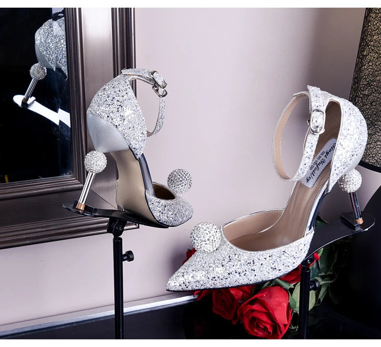 Bridal Crystal Ball Silver Pointed Toe Stiletto Heels For Women