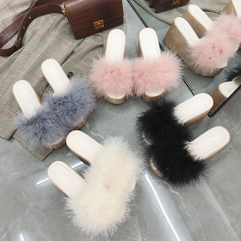 Plush Faux Fur Wedge Slide