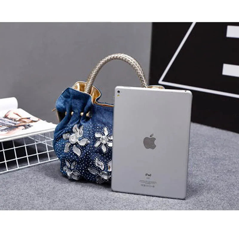 Vintage Rhinestone Denim Shoulder Handbag for Women
