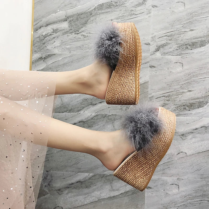 Plush Faux Fur Wedge Slide