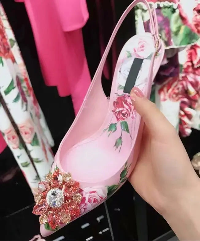 Elegant Pink Floral Rhinestone Slingback Wedding High Heels Pumps for Women