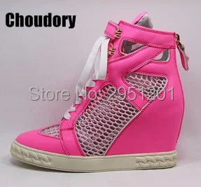 Lace Up Breathable Mesh Platform Wedge Shoes With Rivet Decoration For Women