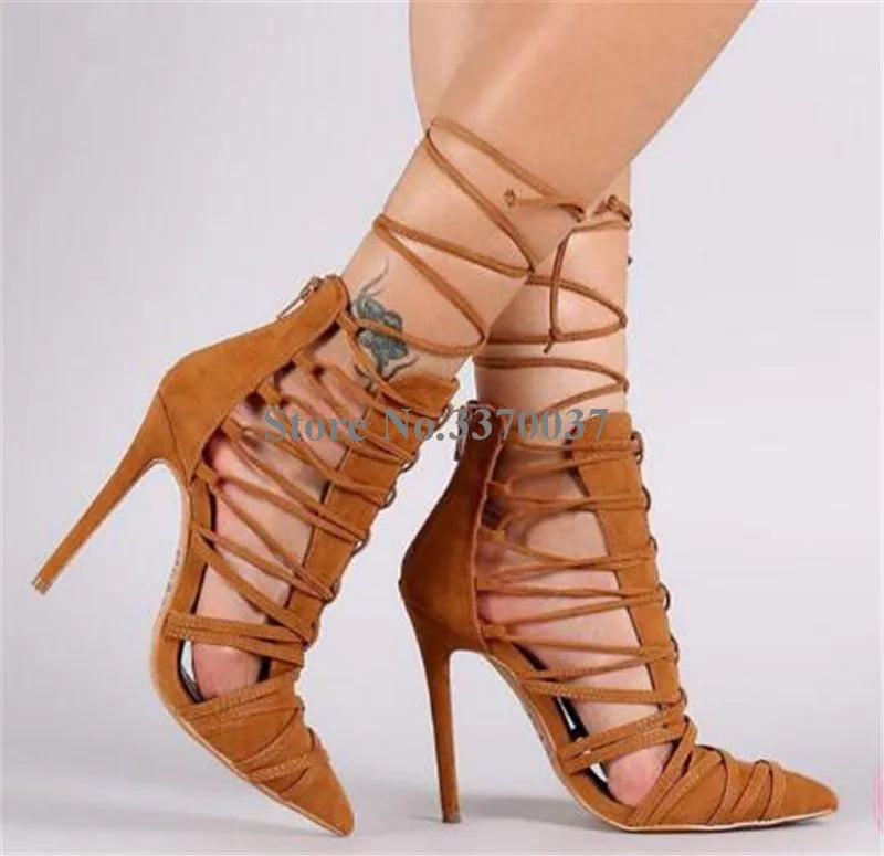 Pointed Toe Suede Lace Up High Heel Dress Pumps For Women
