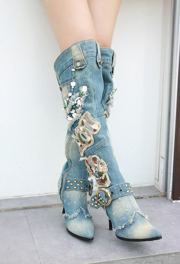 High Quality Women Wash Denim Beaded High Heel Knee Length Boots Thin Heel Motorcycle Jeans Boots Real Photo