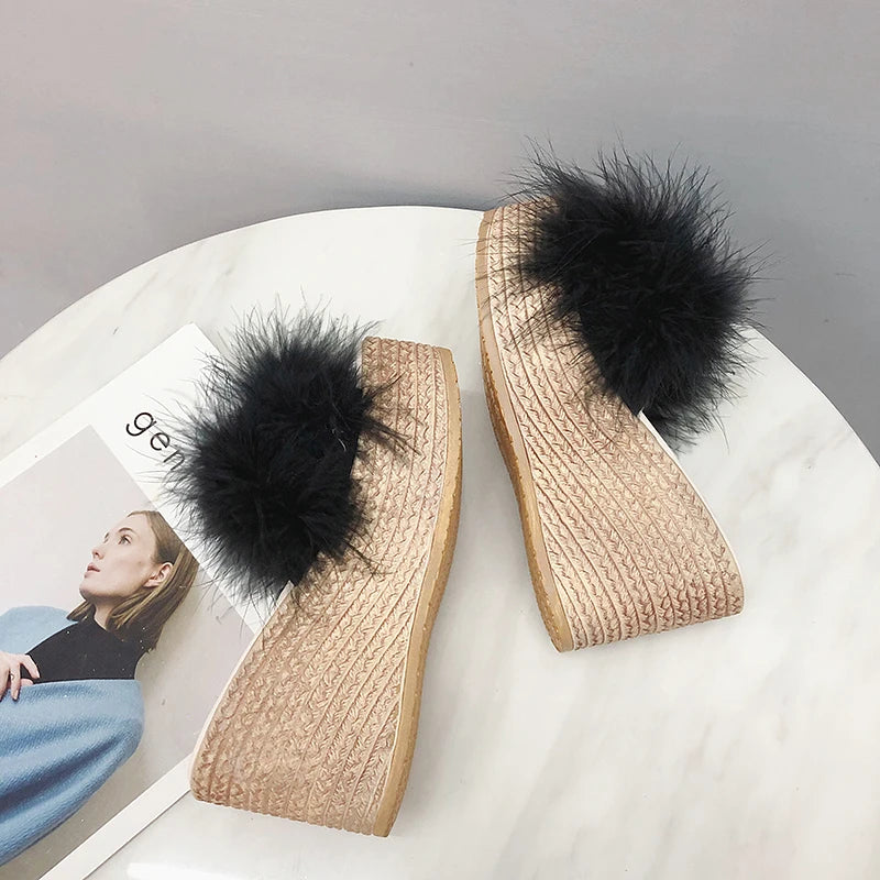 Plush Faux Fur Wedge Slide