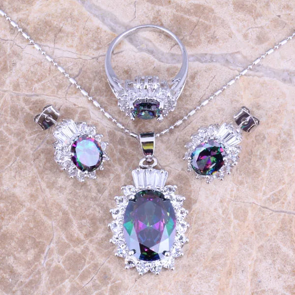 Rainbow Cubic Zirconia Silver Plated Jewelry Set for Women