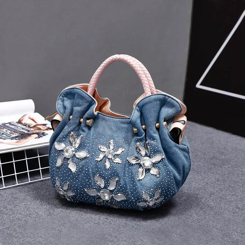 Vintage Rhinestone Denim Shoulder Handbag for Women