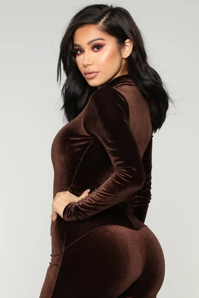 Soft Long Sleeve Velvet Bodycon Front Zipper Jumpsuit For Women