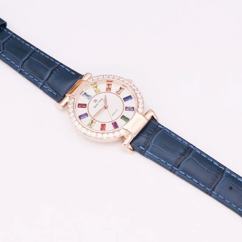 Prong Setting Luxury Clock Lady Women's Watch Fashion Hours Bracelet Colorful Rhinestone Girl Birthday Gift Royal Crown Box