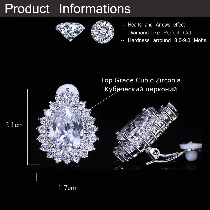 Large Teardrop Cubic Zirconia Clip On Earrings for Women