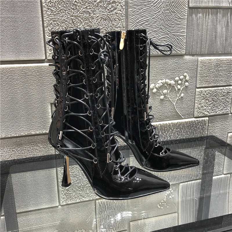 Stylish Black Pointed Toe Lace Up Ankle Boots for Women