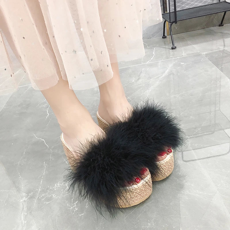 Plush Faux Fur Wedge Slide