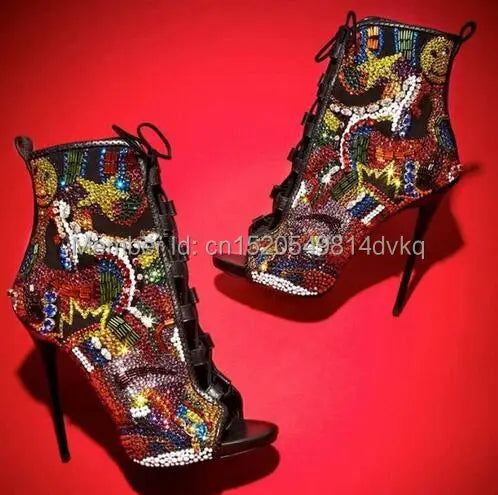 Lace Up Crystal Open Toe Stiletto Booties For Women