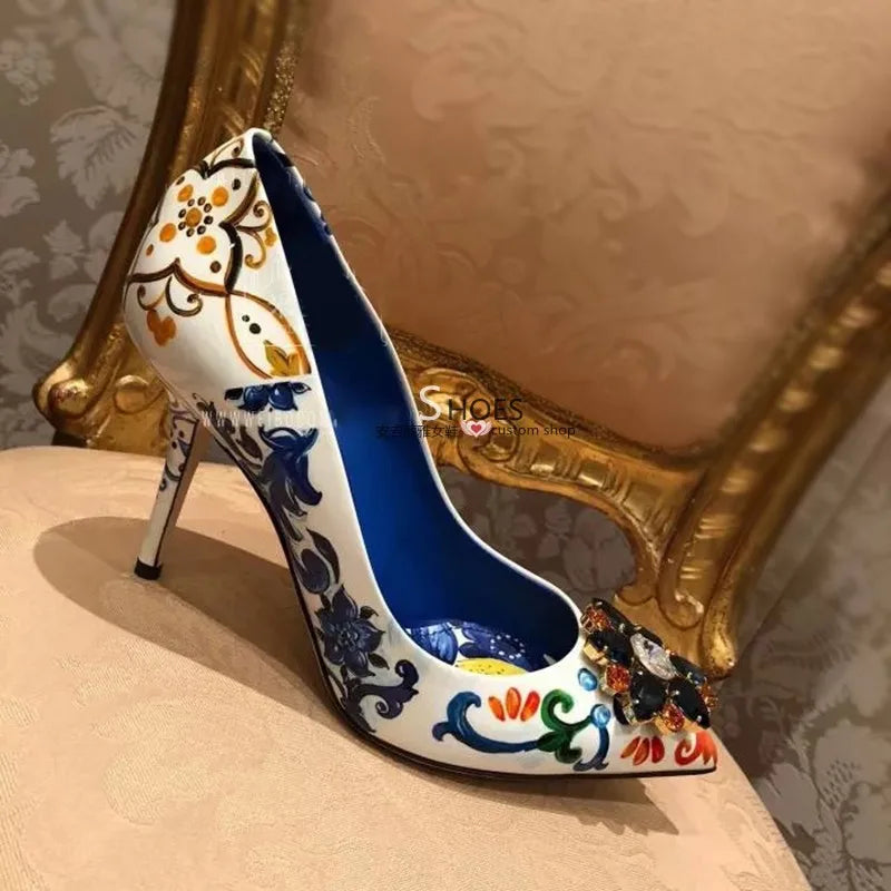 Crystal Rhinestone Leather Pumps