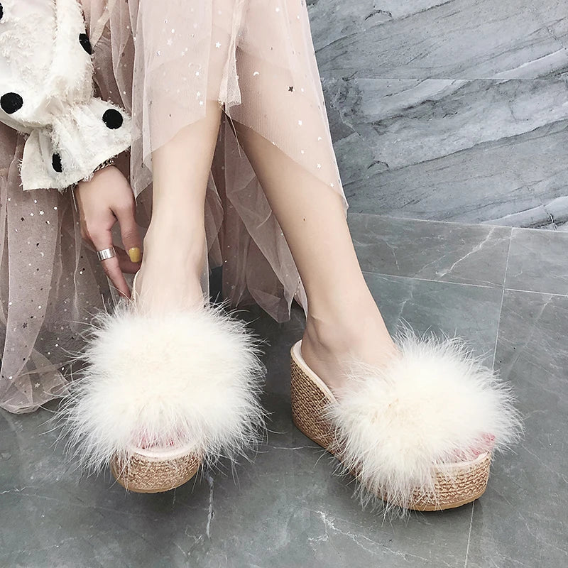 Plush Faux Fur Wedge Slide