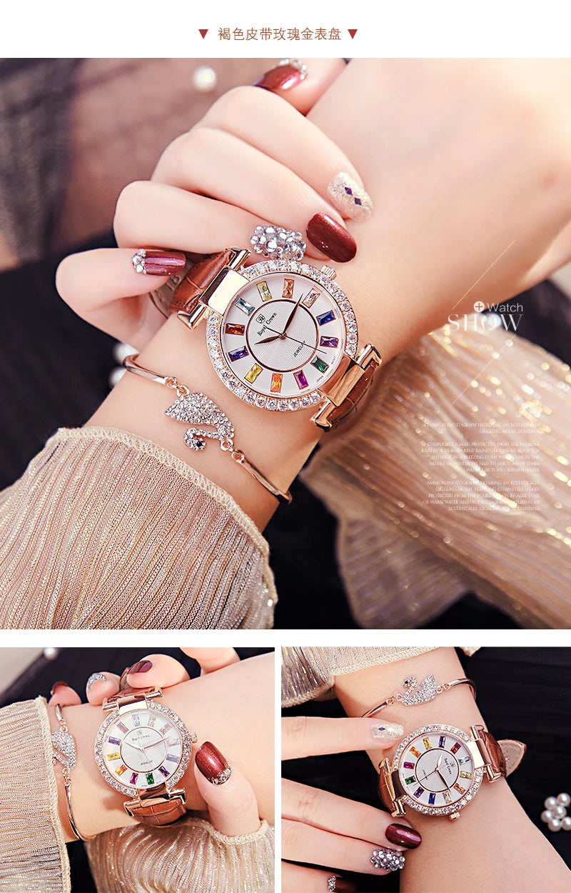 Prong Setting Luxury Clock Lady Women's Watch Fashion Hours Bracelet Colorful Rhinestone Girl Birthday Gift Royal Crown Box
