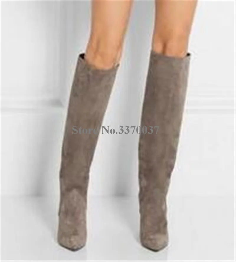 Pointed Toe Suede Winter Knee High Wedge Boots for Women